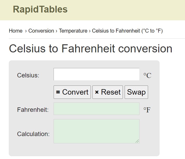 RapidTables Celsius to Fahrenheit conversion
